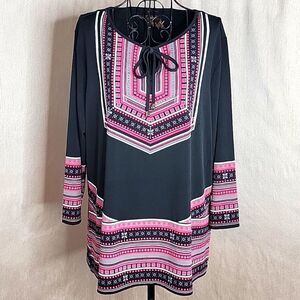 MULTIPLES Southwestern Bohemian Pink and‎ Black Blouse Large